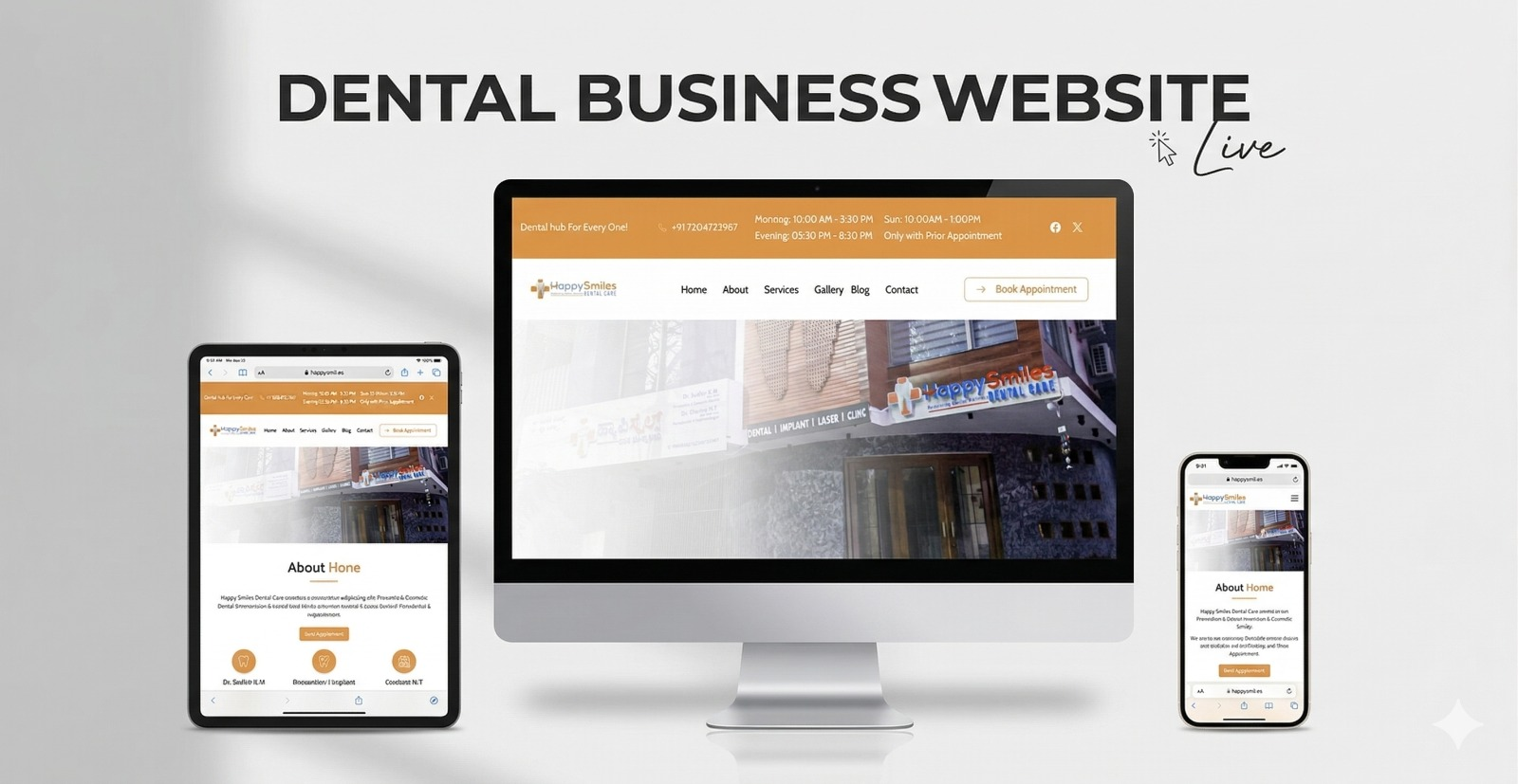 Happy Smiles Dental Care website mockup on desktop, tablet and mobile